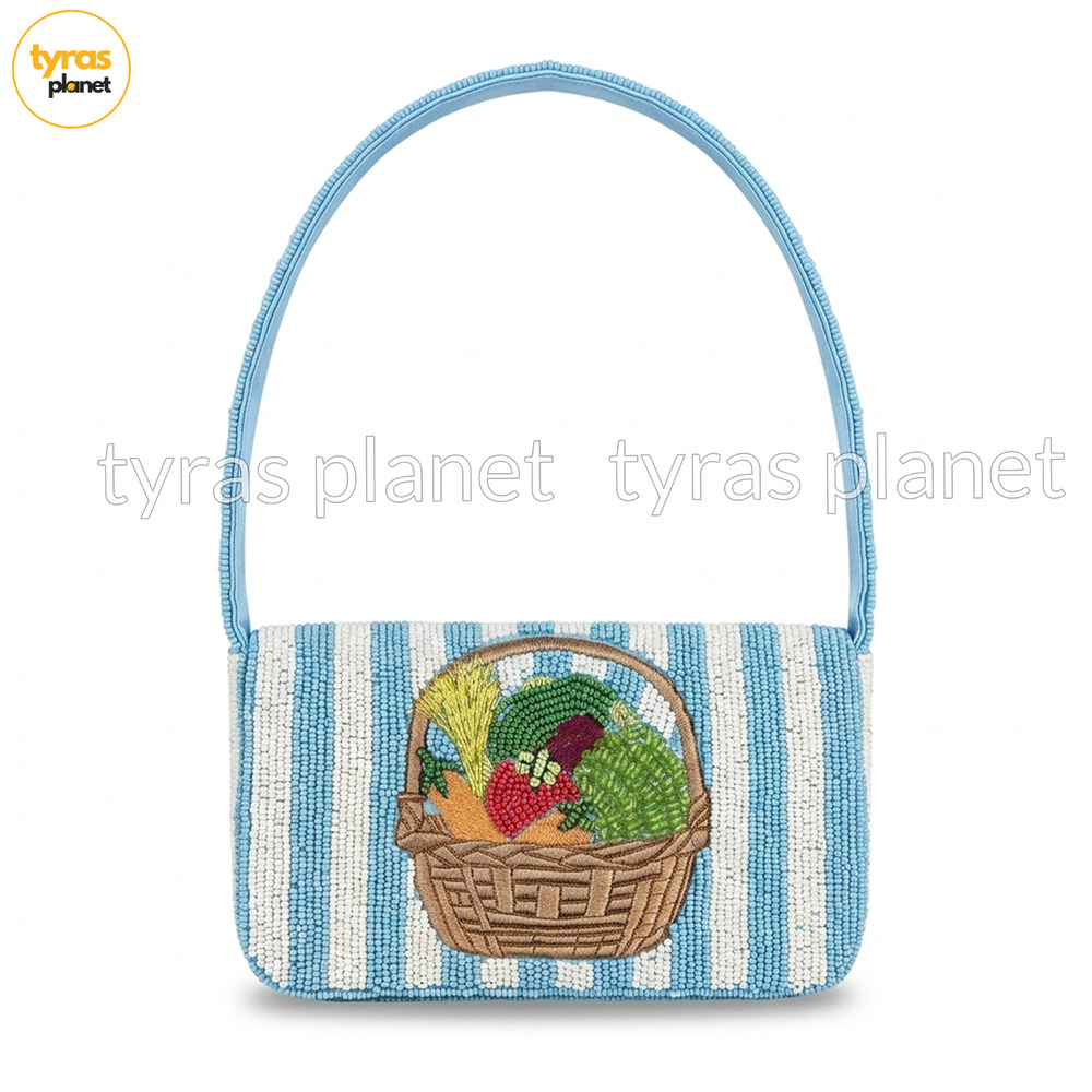 New Release‎ Handcrafted in India Blue Striped Vegetable Beaded Bag Viral TikTok